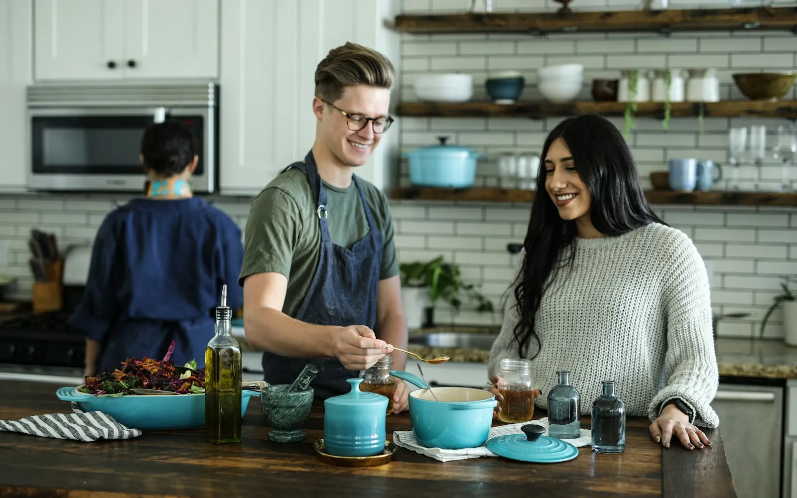 A rustic kitchen counter with fresh ingredients laid out